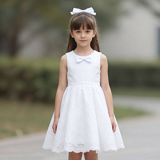 Photograph of a young Asian girl with long brown hair, wearing a white lace dress and bow, standing outdoors on a blurred sidewalk.