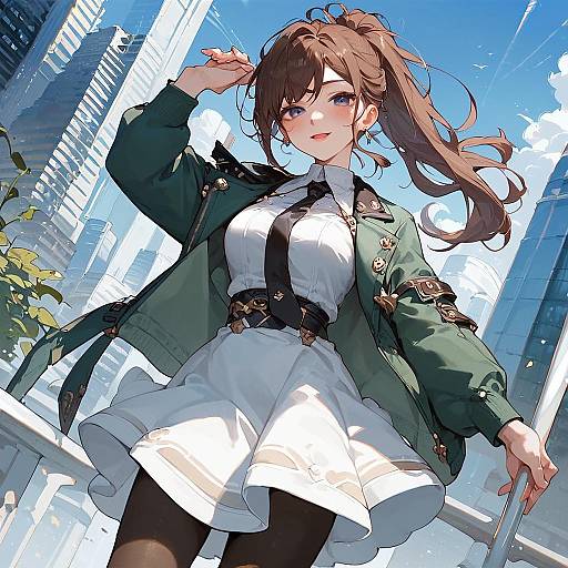 Anime Girl in Cityscape with Green Jacket