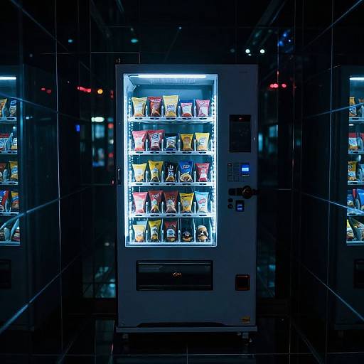 Photograph of a brightly illuminated vending machine with colorful snack bags, set against a dark, reflective background with subtle red and blue lights.