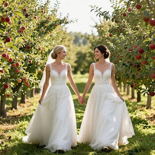 Photograph of two smiling brides in white lace wedding dresses, holding hands, walking through an apple orchard with sunlight filtering through trees.