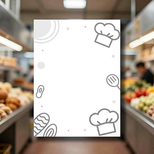 Photograph of a blurred grocery store aisle with bakery shelves, overlaid with a white square featuring black chef hat and utensil line drawings.