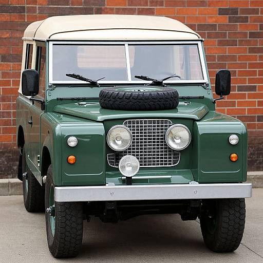 Photograph of a vintage green Land Rover with a white roof, black spare tire on the hood, and brick wall background.