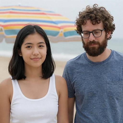 Young Couple at the Beach with Colorful Umbrella