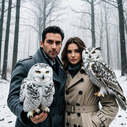 Couple in Trench Coats with Snowy Owls in Foggy Winter Forest