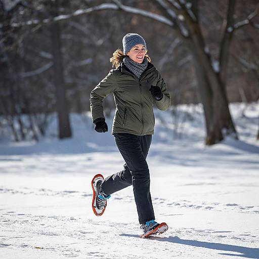 Photograph of a smiling woman jogging in a snowy forest, wearing a green jacket, black pants, blue sneakers, gray beanie, and gloves,