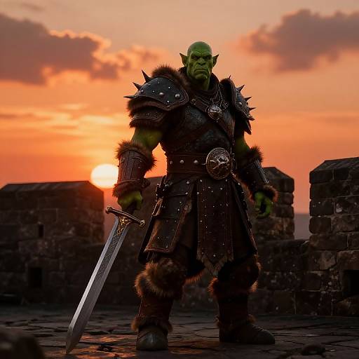 Photograph of a muscular green orc warrior in dark, spiked armor with a sword, standing against a dramatic sunset over stone ruins.