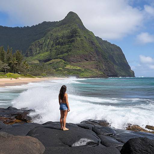 Photograph of a young woman with long brown hair in denim shorts, standing on black volcanic rocks, gazing at a lush green mountain and crashing waves