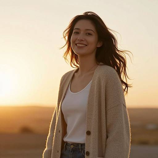 Photograph of a smiling young woman with long dark hair, wearing a white tank top and beige cardigan, standing in a sunlit desert at sunset