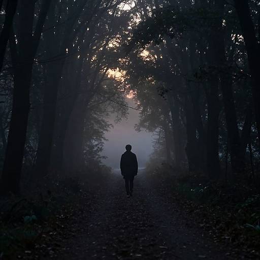 Silhouetted figure walking down a misty, tree-lined path at dawn; dark forest frames the path with ethereal light filtering through. Photograph