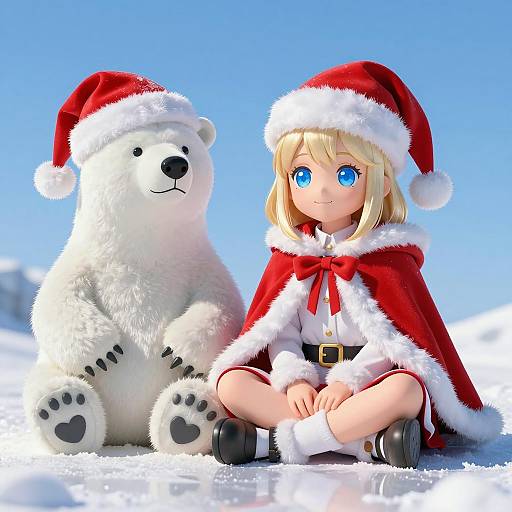 Festive Winter Scene with Girl and Polar Bear