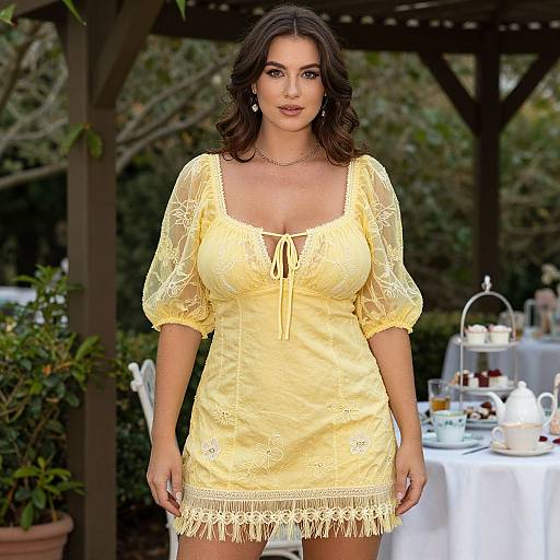 Photograph of a curvy woman with dark, wavy hair wearing a yellow lace dress, standing outdoors under a wooden pergola with a tea table