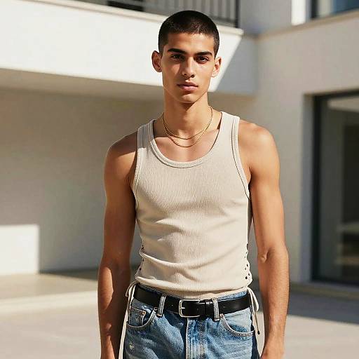 Photograph of a young, fit man with short dark hair, wearing a white tank top, gold necklace, and blue jeans, standing outdoors in bright