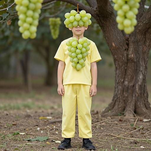 Photograph of a young boy standing in a grapevine grove, wearing a yellow outfit with green grape clusters as a headpiece and hair, black