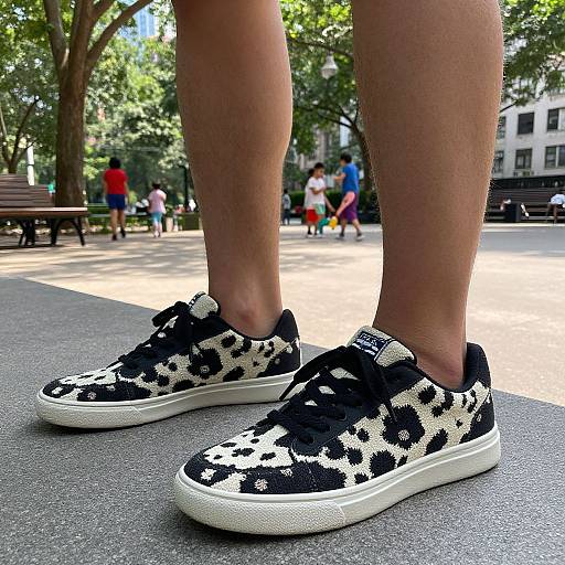 Photograph of legs wearing black and white star-patterned sneakers on a sunny park path, with blurred people and trees in the background.