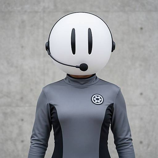 Photograph of a person wearing a white, circular helmet with black lines and a microphone, over a gray, long-sleeve wetsuit.