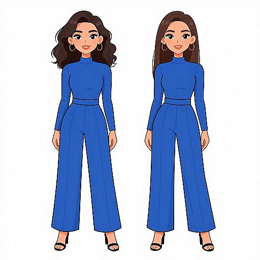 Digital illustration of two women with long dark hair, wearing matching blue long-sleeve high-waisted pantsuits, black sandals, and hoop earrings