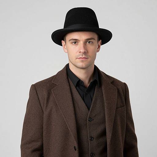 Photograph of a young Caucasian man with fair skin, wearing a black bowler hat, brown tweed suit, and black shirt, against a plain
