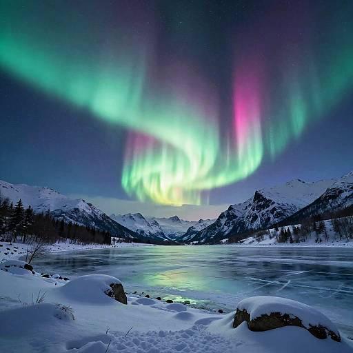 Photograph of a snowy landscape with vibrant Northern Lights (aurora borealis) illuminating a frozen lake and snow-covered mountains under a starry night