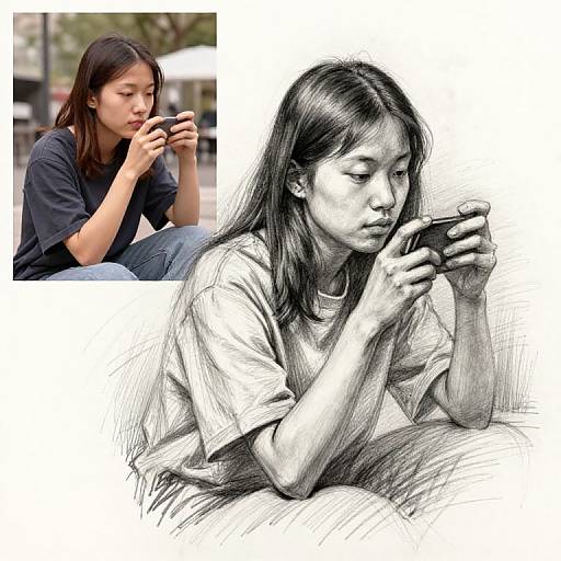Photograph collage: colored photo of Asian woman with black hair, wearing dark shirt, focused on smartphone, inset sketch-style black-and-white drawing of same