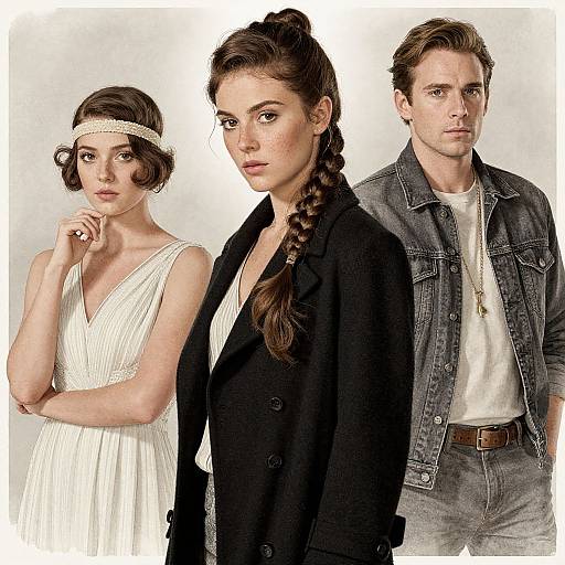 Photograph of three stylish individuals: a brunette woman in a white dress with a headband, a brown-haired woman in a black coat with a b