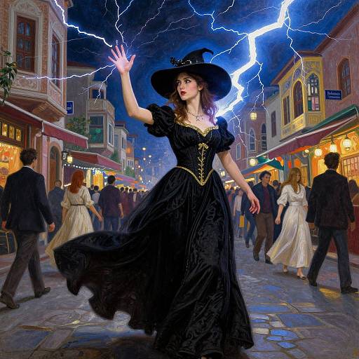 Digital artwork of a witch in a black dress and hat, conjuring lightning in a stormy, cobblestone street at night. People in Victorian