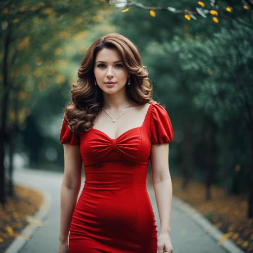 Woman in Classic Red Dress with Curled Hair Outdoors