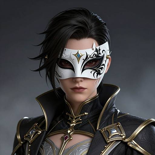 CGI portrait of a androgynous figure with black hair, wearing a white ornate mask with black designs, and a black, gold-ac