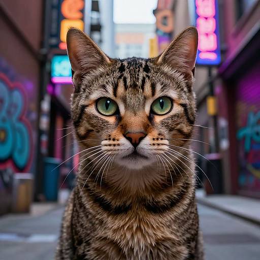 Photograph of a focused, striped tabby cat with green eyes in a vibrant, graffiti-covered urban alley at night, neon signs in the blurred background