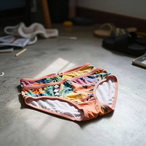 Photograph of a colorful, patterned pouch with pink edges lying on a sunlit concrete floor, surrounded by scattered items in the background.