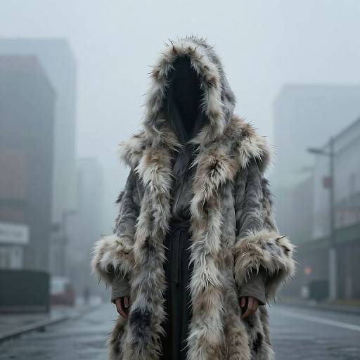 Photograph of a person in a thick, fur-lined hooded coat, standing in a foggy, deserted urban street, face obscured.