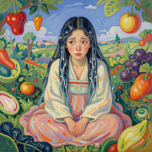 Digital painting of a sad, fair-skinned girl with long black hair, wearing a white and pink dress, surrounded by vibrant, colorful fruits and vegetables