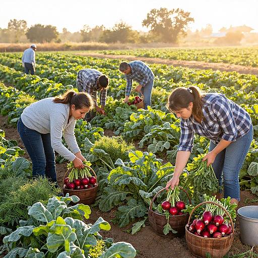 Photograph of four women harvesting vibrant red radishes in a lush, sunlit farm field, wearing plaid shirts and jeans.