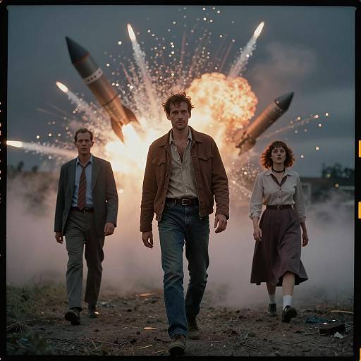 Three People Walking Away from Rocket Explosion