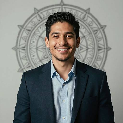 Photograph of a smiling young man with dark hair, light brown skin, and trimmed beard, wearing a black blazer and light blue shirt, standing