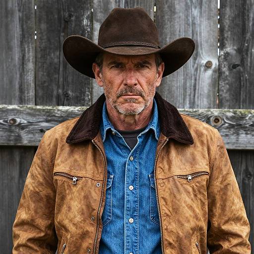 Photograph of a middle-aged, rugged Caucasian man with gray beard, wearing a brown cowboy hat, tan leather jacket, and blue denim shirt, standing