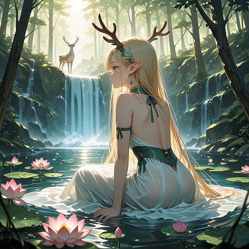 Elf with Antlers by Waterfall in Misty Forest
