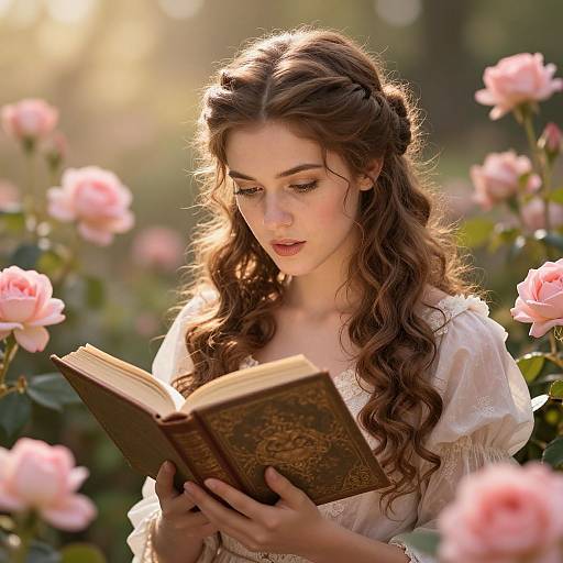 Photograph of a young woman with wavy brown hair, wearing a white, puffed-sleeve blouse, reading an ornate book amidst blo