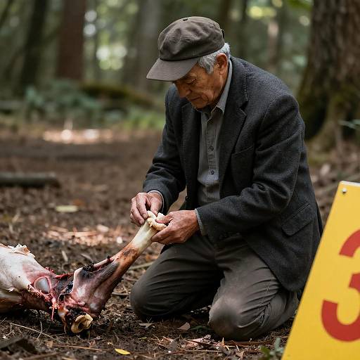 Older Detective Examining Severed Animal Leg