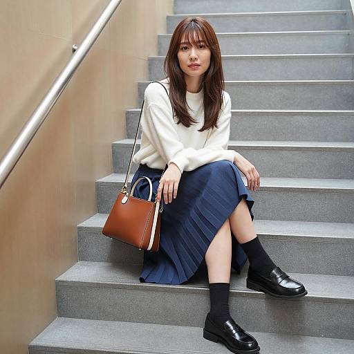 Casual Elegance: Asian Woman on Stairs