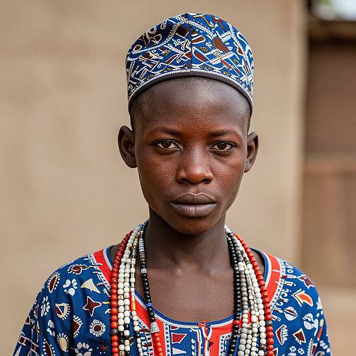 Photograph of a young African girl with dark skin, wearing a blue patterned dress and matching headwrap, adorned with white and red beads, against