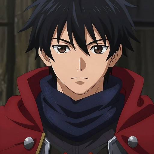 Anime-style digital drawing of a serious young man with black hair, brown eyes, wearing a red coat with black scarf and black high-collar garment, against