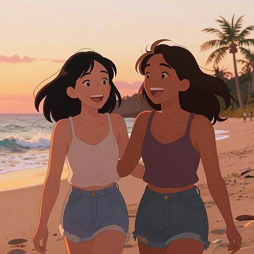 Digital illustration of two smiling, brown-skinned teenage girls with black hair, wearing white and purple tank tops, and denim shorts, walking on a sunset
