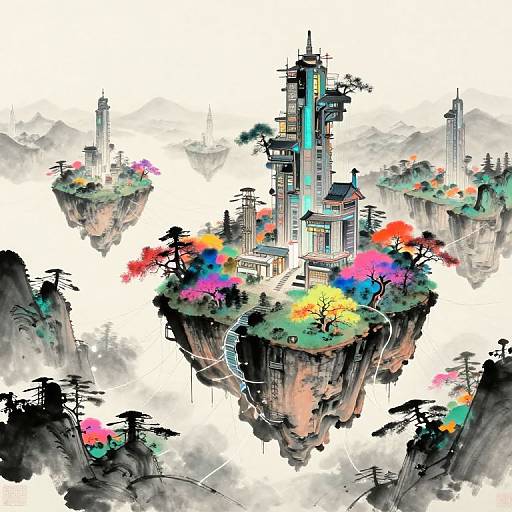 Digital illustration of floating, futuristic city islands with vibrant trees, neon structures, and cloudy white background, resembling a surreal, sci-fi landscape.