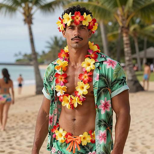 Handsome Man in Hawaiian Outfit on Tropical Beach