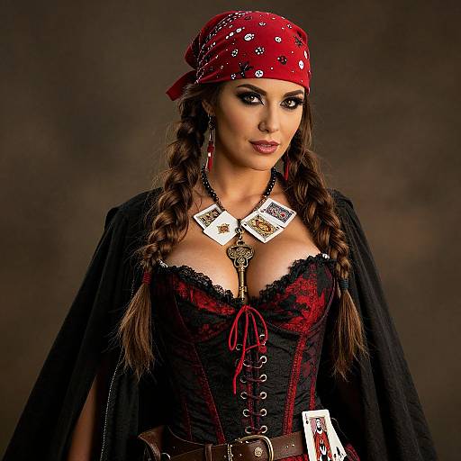 Photograph of a woman with braided brown hair, wearing a red bandana, black lace corset, and cloak, holding playing cards, against