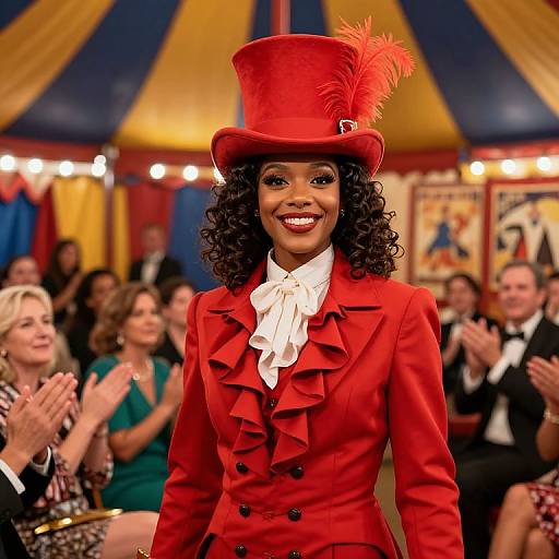 Photograph of a smiling Black woman with curly hair, wearing a vibrant red top hat with a feather, and a matching ruffled red jacket, performing