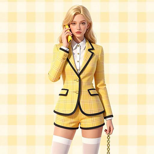 Chic Blonde in Yellow Plaid Ensemble