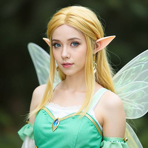 Photograph of a young woman with blonde hair, elf ears, blue eyes, and translucent fairy wings, wearing a green, off-shoulder dress