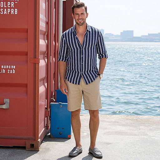 Photograph of a smiling, bearded man in a blue and white striped shirt, beige shorts, and gray loafers, standing by a red shipping