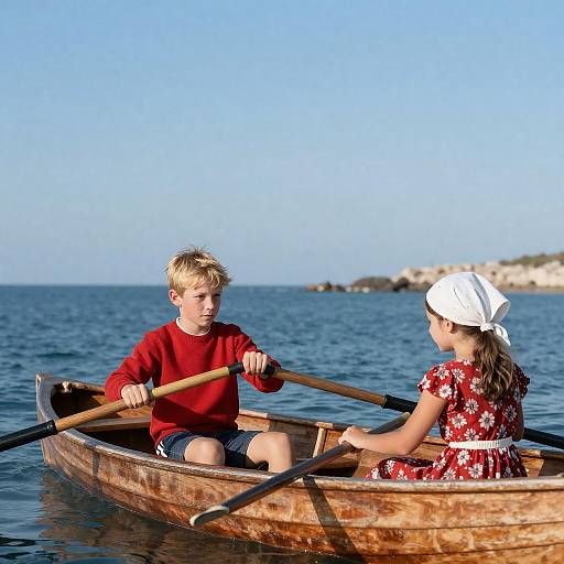 Children rowing wooden boat on ocean